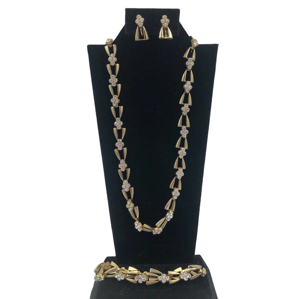 Mid Century Gold Tone Metal Clear Rhinestones Necklace Bracelet Clip Earring Set